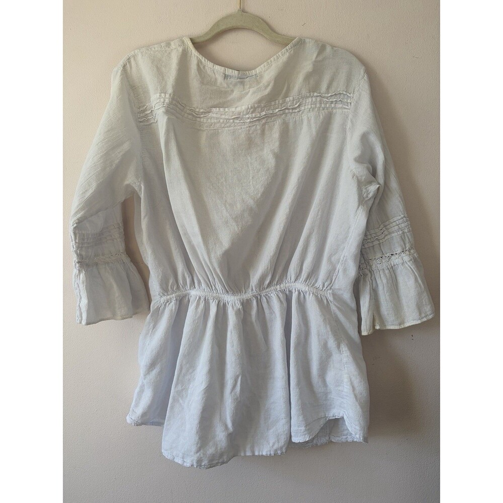 Giocam White Pale Blue Boho Peasant Blouse Hippie Relaxed Top Size Large - Picture 3 of 7